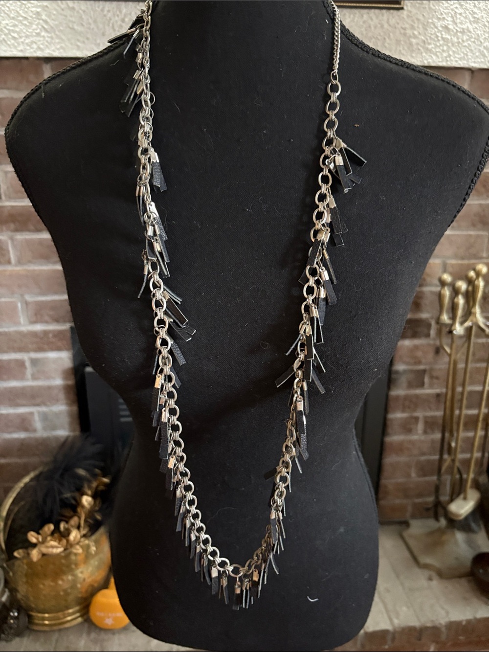Vintage Silver Chain Necklace with Black Tassel Accents